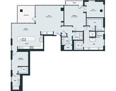 Floor plan for 2 beds, 2.5 baths, 2495 sqft